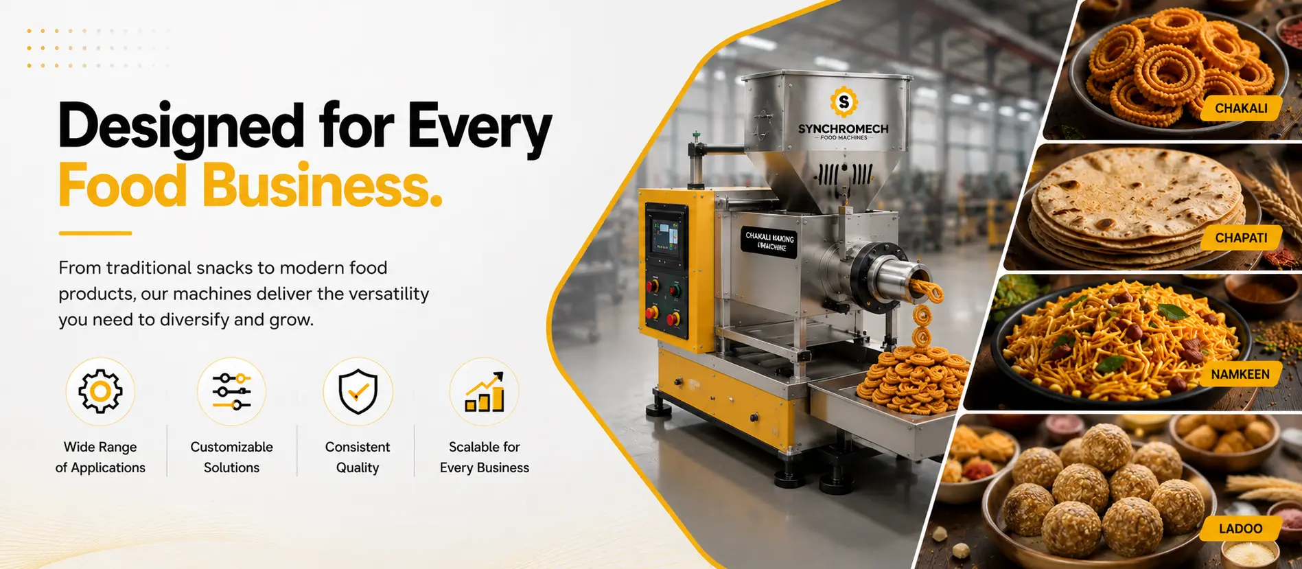 Food Processing Machines for Papad, Namkeen, Chakali, Chapati, Spice and Commercial Kitchen Businesses by Synchromech
